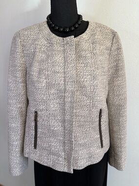 LOFT Textured Cropped Jacket Size 10 Neutral Zip Front Career Blazer